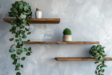 A Set of Wooden Shelves with a Plant on the Shelf and a Green Plant on the Left