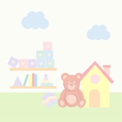 Cute illustration of a teddy bear, a small house, toy blocks, books, a rainbow ball and clouds in pastel colors.