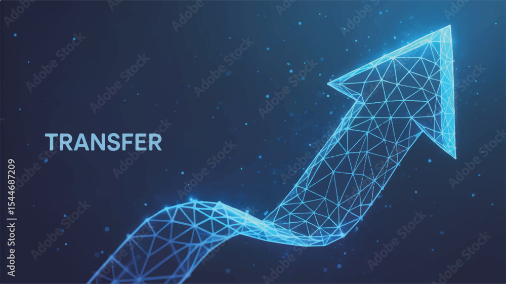 Poster technological transfer: a glowing network arrow symbol in digital form on a dark background represen