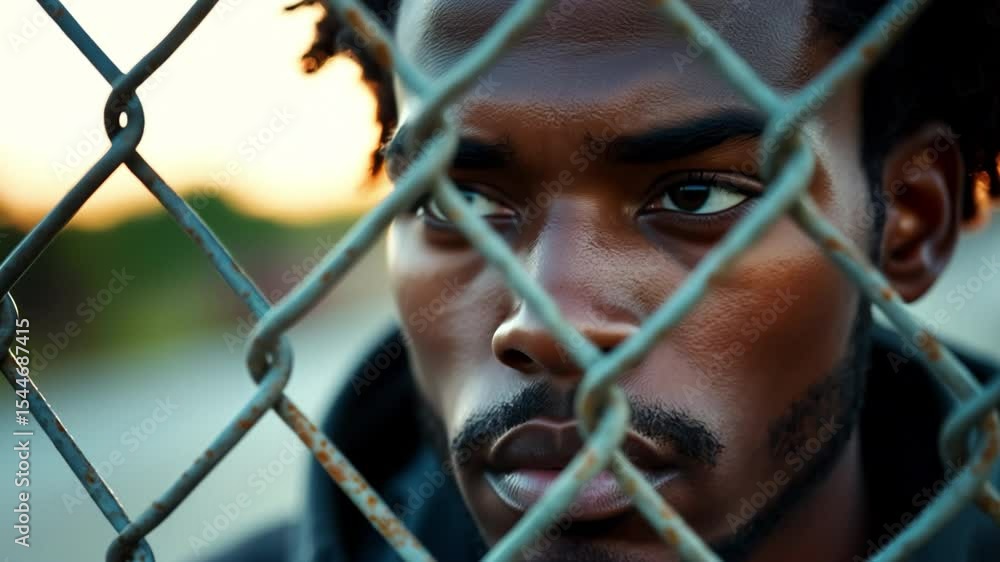 Poster close-up of 20-year-old black man behind chain-link fence with serious expression and ambient light 