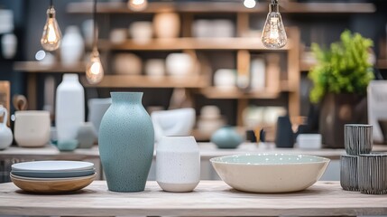 Elegant Porcelain Tableware Displayed On Wooden Counter In Boutique Home Decor Store Under Ambient Lighting