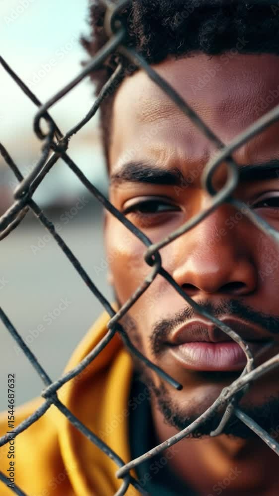 Poster close-up of 20-year-old black man behind chain-link fence with serious expression and ambient light 
