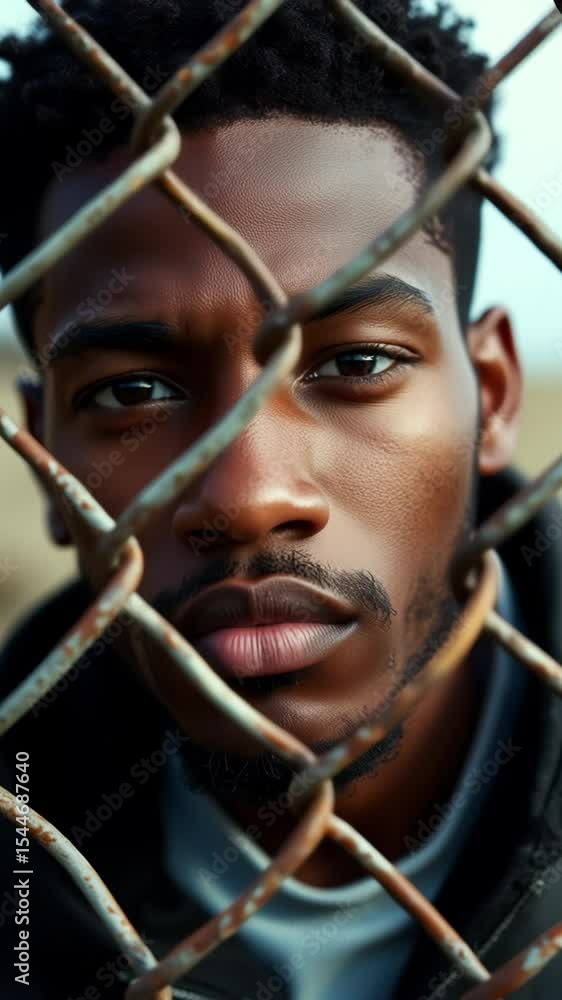 Poster close-up of 20-year-old black man behind chain-link fence with serious expression and ambient light 