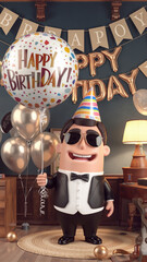 Cartoon character celebrating birthday with balloons and decorations  