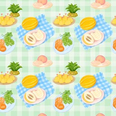 Seamless pattern with summer picnic and fruit Pineapple, Peach and Korean Melon on pastel Green