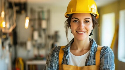Young woman wearing a yellow hard hat and apron, smiling confidently in a workshop environment with tools in the background. - Powered by Adobe