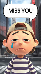 Sad cartoon boy with tear expressing missing someone in city  