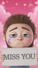 Cartoon boy holding sign saying 'Miss You' with sad expression  