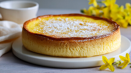 Homemade cheesecake with golden crust and powdered sugar topping on a white plate, styled with yellow floral accents. Ideal for bakery promotions, recipe blogs, and food photography.