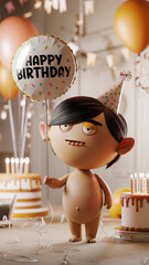 Happy cartoon boy holding a birthday balloon at celebration party  