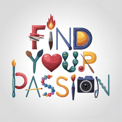 Creative lettering saying "Find Your Passion" with artistic elements  