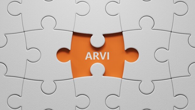 The white puzzle pieces with missing pieces with the word arvi. Care concept.close up of The white puzzle pieces with missing pieces,Business Concept.3D rendering on orange background.