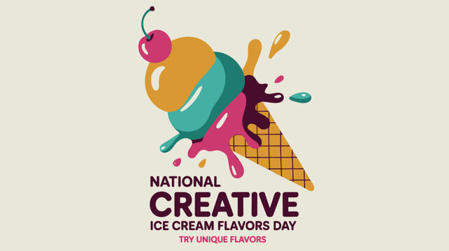 National Creative Ice Cream Flavors Day Vector with Melting Colorful Cone Illustration