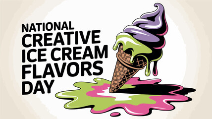 National Creative Ice Cream Flavors Day Vector with Melting Colorful Cone Illustration