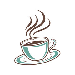 A stylized illustration of a steaming coffee cup with a saucer. 