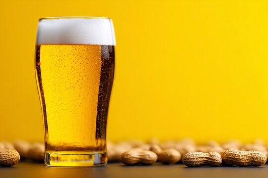 crisp beer and peanuts, golden lager with snack, pub drink isolated on yellow background