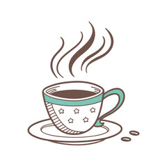 A stylized illustration of a steaming coffee cup with a saucer. 