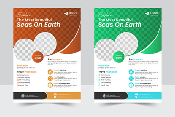 Modern corporate travel flyer with geometric shape Travel promotion flyer layout for print