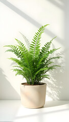 Fototapeta premium Green fern houseplant in ceramic pot against a white wall with light and shadow
