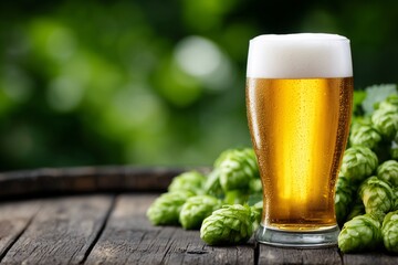 glass of beer with hops, fresh lager on barrel, craft brewing and natural ingredients concept