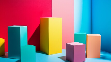 Colorful Geometric Pedestals On Bright Pink And Blue Background With Sharp Shadows For Vibrant Abstract Display
