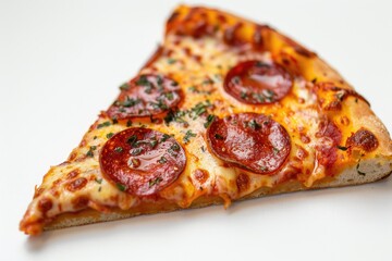 Clear Pixel Visual of Pepperoni Pizza Slice with Melted Cheese, on White Background