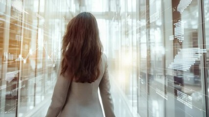 Businesswoman walking in modern building with data visualization