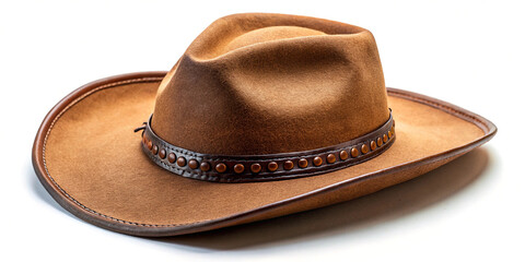 Brown classic cowboy hat, an isolated felt fashion accessory on a white background