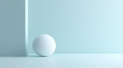 Single White Sphere On Pale Blue Minimalist Surface Against Light Blue Background For Geometric Study Composition