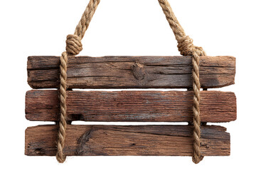 Weathered wooden sign with four horizontal planks suspending from rope against isolated background
