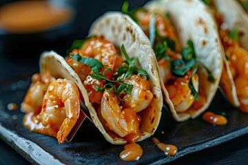 vibrant picture of Bang Bang Shrimp Tacos on black plate with sauce