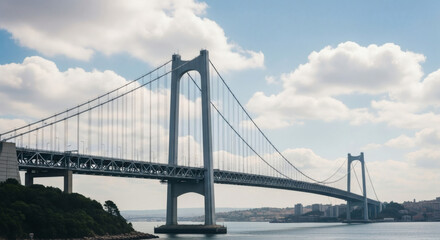 A scenic view of a suspension bridge with a cloudy sky and water in the background on a bright day