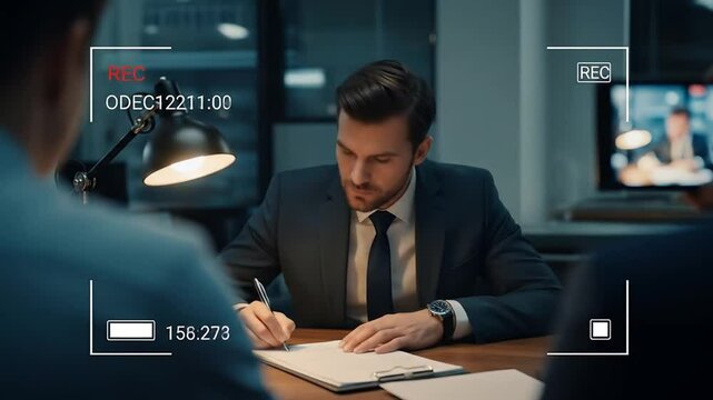 Hidden camera  of suspicious business deal in office at night