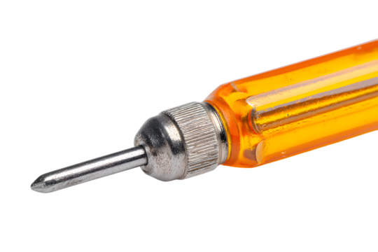 Studio shot of an orange screwdriver with a metal tip, isolated on a transparent background, ready for use in diy and repair projects
