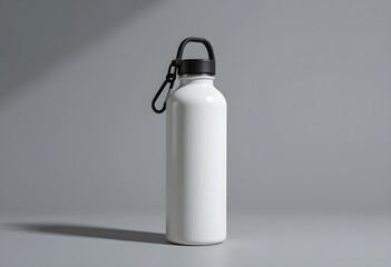 Minimalist White Metal Water Bottle with Black Cap and Carabiner on Gray Background