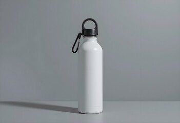 Minimalist White Metal Water Bottle with Black Cap and Carabiner on Gray Background
