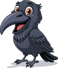 Charming Black Cartoon Crow with Bright Orange Eyes and Wide Smile, Adorable Bird Character, Happy Raven Mascot Illustration, Cheerful Wild Animal Isolated on White Background.