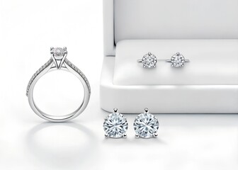 Elegant diamond ring accompanied by sparkling earrings displayed on a soft-white background