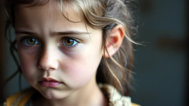 Little girl with sad eyes. Concept of child exploitation, human trafficking, fear, loneliness, hopelessness. Child abuse, violence, crime, social issue. Concept of human rights violation