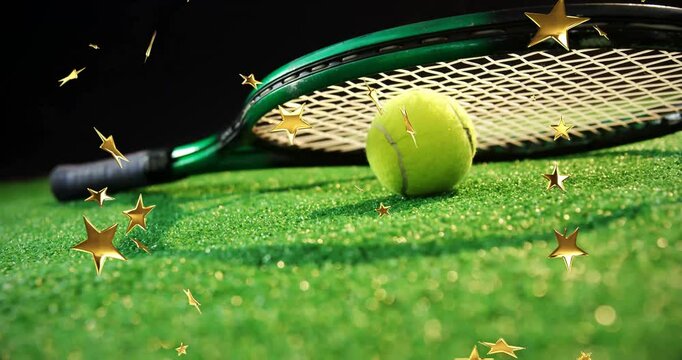 On first falling stars, gold confetti drifting around tennis racket and ball creating festive vibe