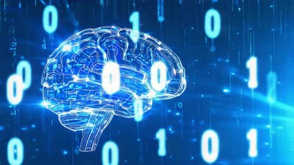 Blue digital data brain rotating with binary code and futuristic interface style	 - Powered by Adobe