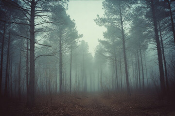 misty morning in the forest retro style background