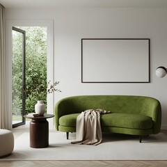 Modern green sofa in minimalist living room with mockup frame