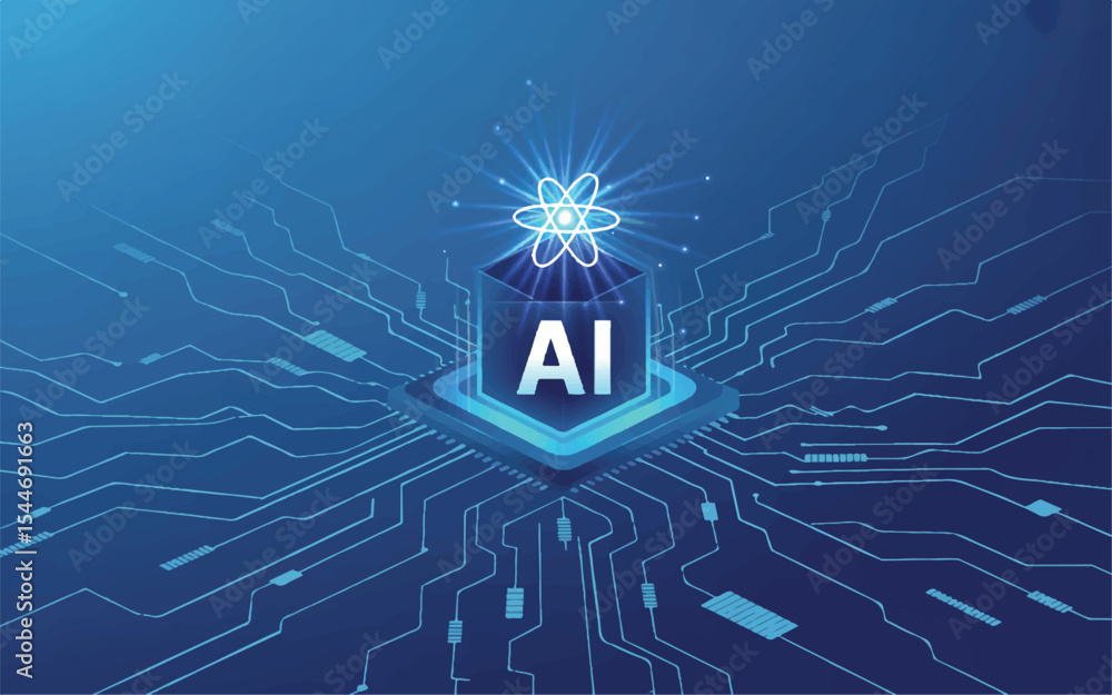 Poster ai power: artificial intelligence, in a blue technological scheme, emerges as a central node of inno