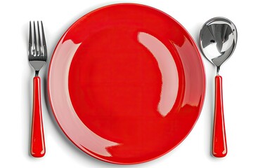 red plate with fork, spoon, knife isolated on white background, white file