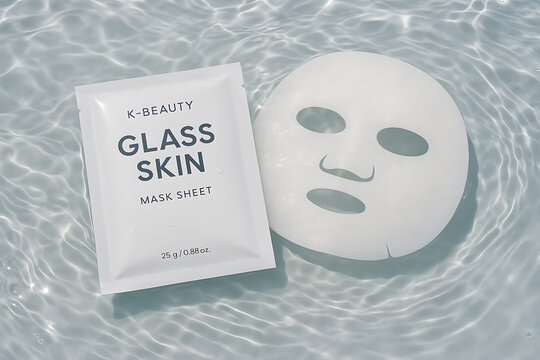 A k beauty glass skin mask sheet and a face mask floating in clear water with light reflections