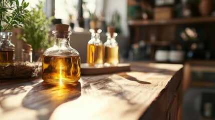 Glass bottles of olive oil and herbs on rustic wooden table for healthy organic cooking concept