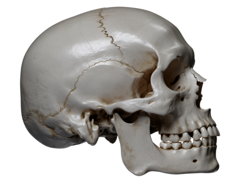 Detailed Human Skull Profile Anatomy Study showcasing bone structure, teeth, and cranium features against a transparent background.
