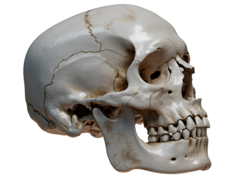 Detailed human skull model showcasing bone structure teeth and cranium for anatomical study medical illustration or artistic representation, transparent background