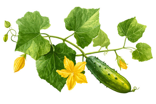 Realistic botanical illustration of a cucumber plant with green leaves, yellow flower and ripe fruit, isolated on transparent background